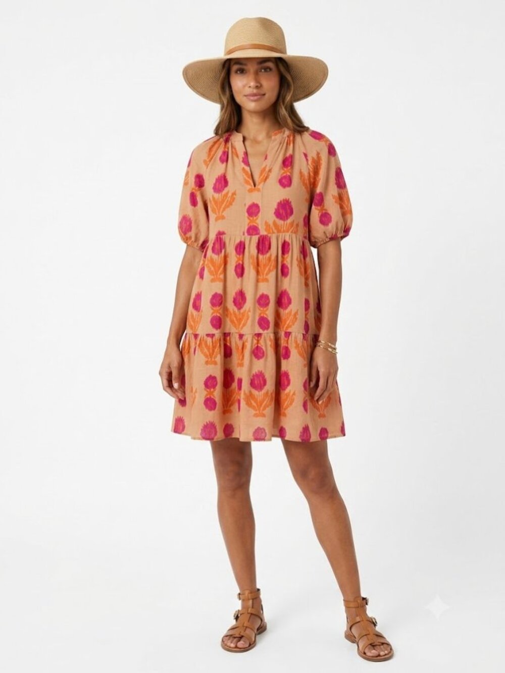 THML Nelly Rose Floral Tiered Mini Dress Small Pink Orange Boho Flutter Sleeve